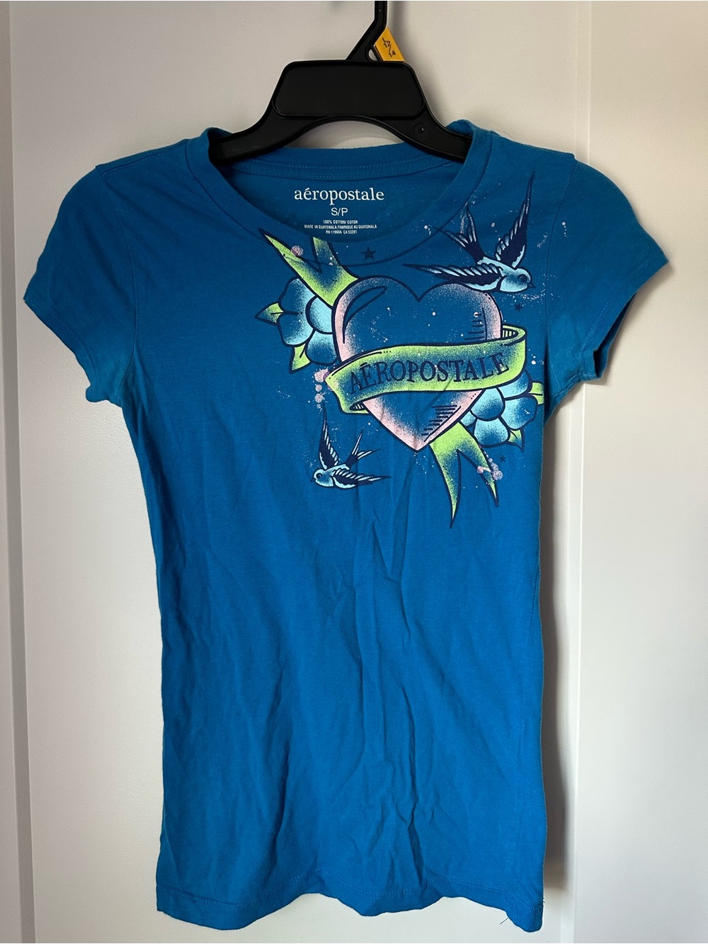 Aeropostale Angel Wings Rhinestone Graphic Tee S Blue Heart Swallow Y2K McBling